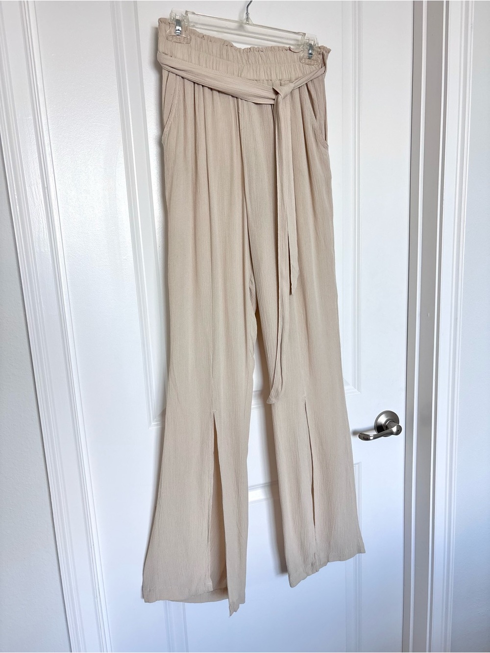 Rewash Wide Leg Pants Beige Linen Look Split Leg Boho Resort Vacation Style S/M